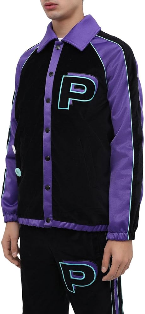 Felpa bomber Pharmacy Industry con pantalone da tuta nero in velluto Pharmacy Industry con strisce laterali viola e verde menta e logo "P" in stile college