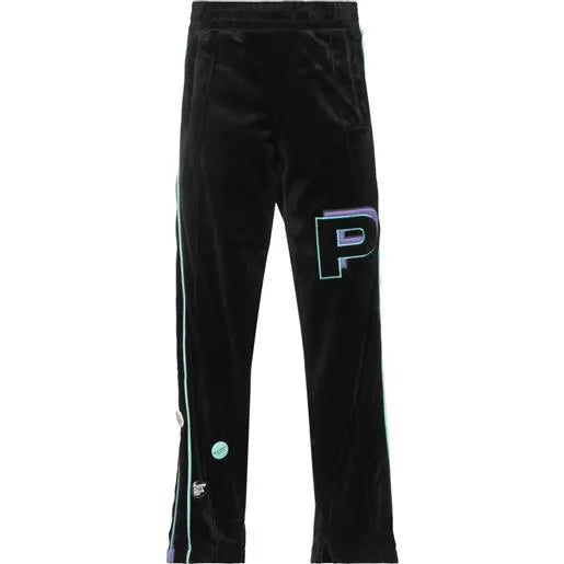 Felpa bomber Pharmacy Industry con pantalone da tuta nero in velluto Pharmacy Industry con strisce laterali viola e verde menta e logo "P" in stile college